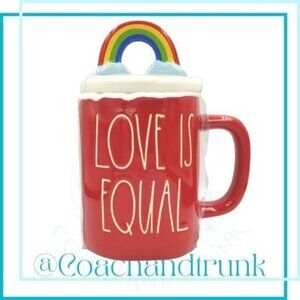 RAE DUNN LOVE IS EQUAL Rainbow Clouds Lid Hand Painted Oversize Mug NWT